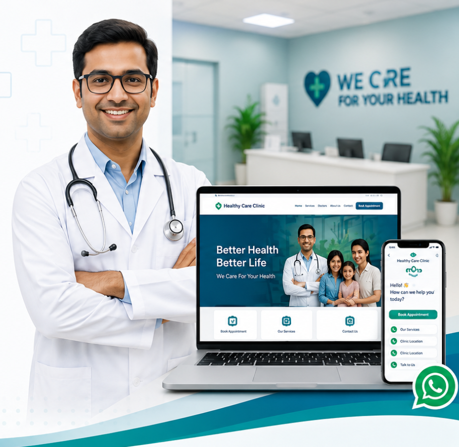 Doctor and clinic promotional visual for Amitsoft Medical